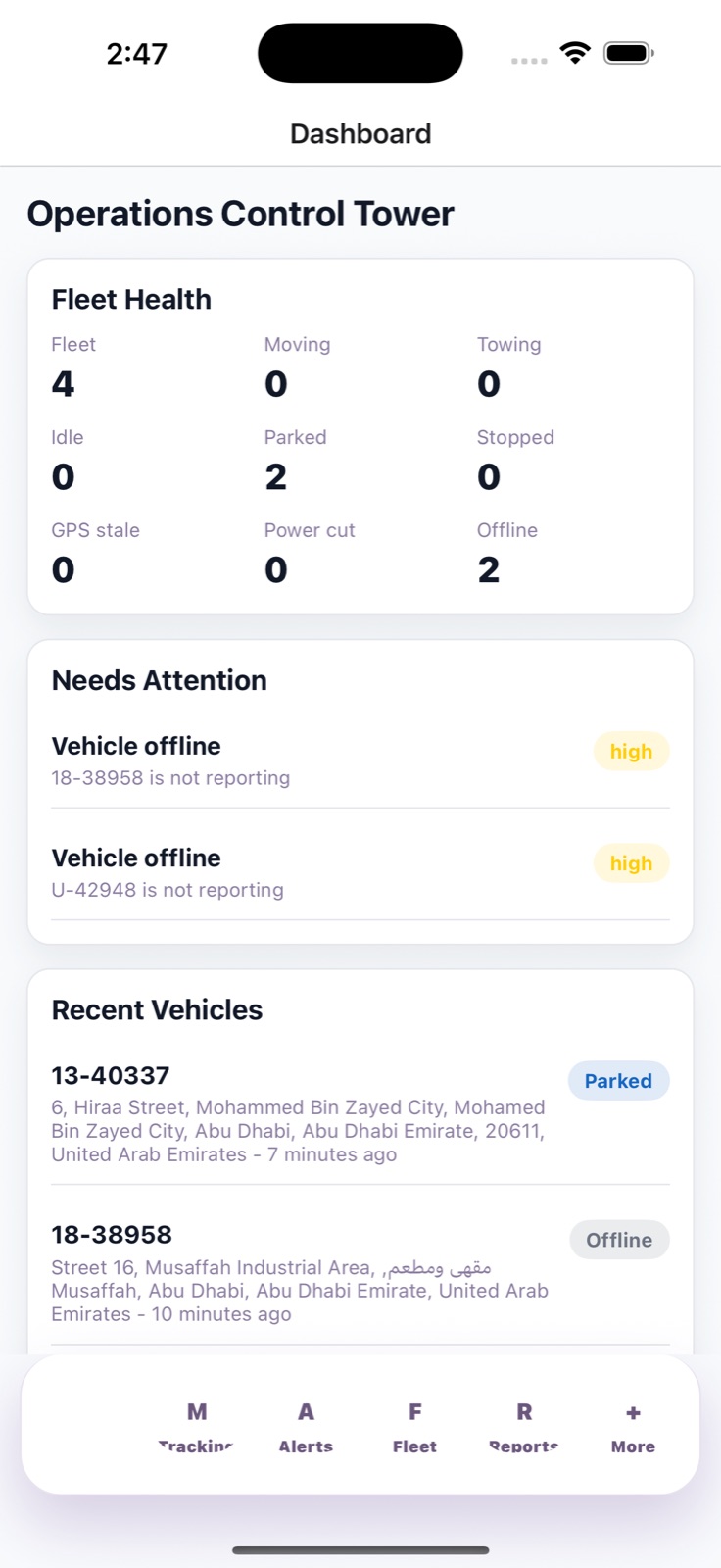 iFleet mobile fleet overview dashboard